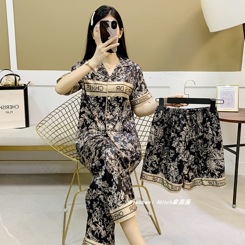Ice Silk Pajamas for Women, Summer Three-Piece Set, Can Be Worn Outside, 2026 New Style, Black and Gold Ink Wash Home Wear, Short-Sleeve and Long-Pants Set