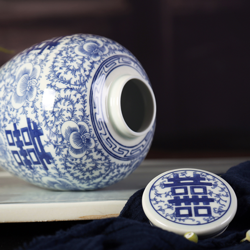 The View of song dynasty jingdezhen Chinese style restoring ancient ways storage tank put lotus flower happy character double happiness of blue and white porcelain pot nostalgic caddy fixings