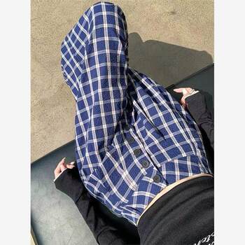 ສີຟ້າ plaid button straight pants ຂອງແມ່ຍິງ drapey ຂາກ້ວາງ pants