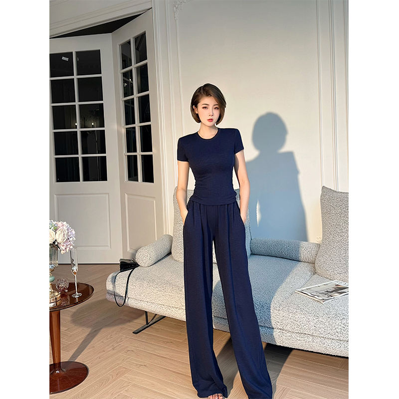 Xulu Original Summer Blue Casual Thick Knit Ribbed Crew Neck Short Top High-Waisted Wide-Leg Pants Two-Piece Set