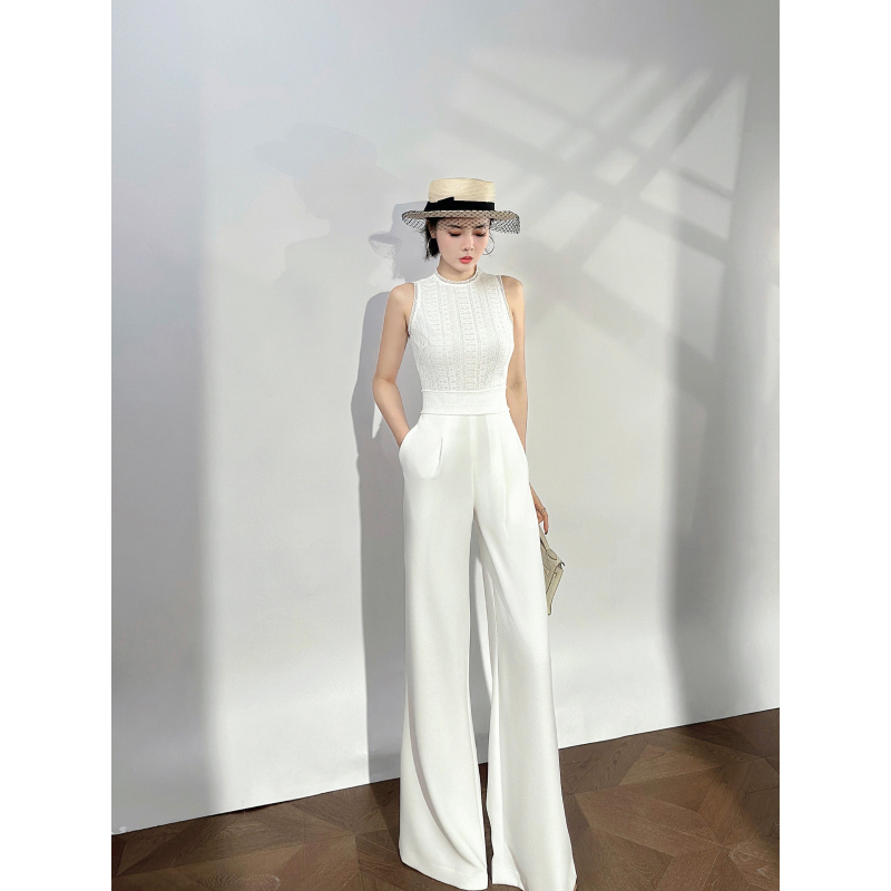 Xulu Original Imported German Woven Soft Lace Elegant Round-Neck Jumpsuit White High-Waisted Drape Straight-Leg Pants Xulu Original Imported German Woven Soft Lace Elegant Round-Neck Jumpsuit White High-Waisted Drape Straight-Leg Pants