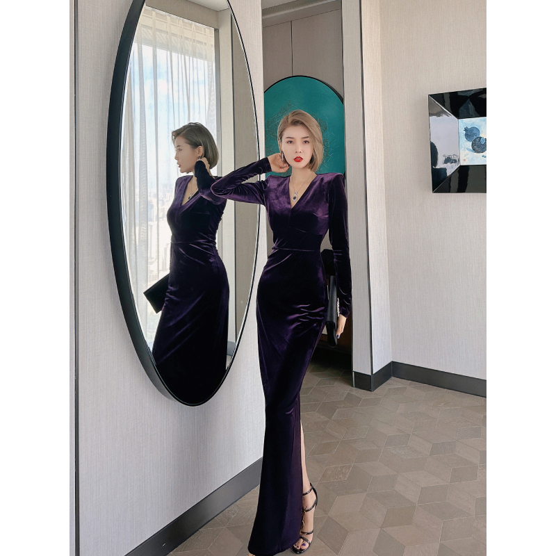 Xulu Original Imported Korean Solid Color Velvet Collar Fashionable and Elegant Slim-Fit Right-Angle Shoulder Long-Sleeve V-Neck Dress Xulu Original Imported Korean Solid Color Velvet Collar Fashionable and Elegant Slim-Fit Right-Angle Shoulder Long-Sleeve V-Neck Dress