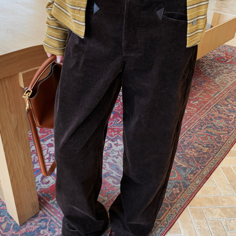 Flowless-Autumn New Corduroy Pants with Pockets and Leather Trim, Straight-Leg Casual Pants (with Belt)