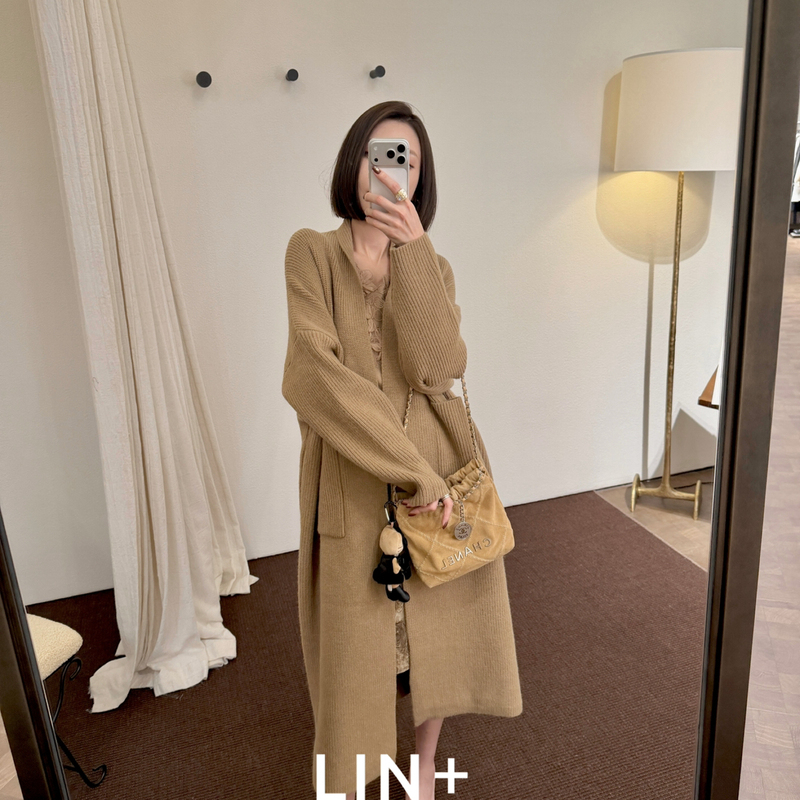 Lin+ Autumn/Winter New Lazy Bathrobe-Style Ribbed Old Money Loose French Retro Sweater Long Cardigan Coat Lin+ Autumn/Winter New Lazy Bathrobe-Style Ribbed Old Money Loose French Retro Sweater Long Cardigan Coat