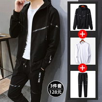 Mens casual sports suit spring Korean trend set with handsome three-piece set Tide brand cardigan sweater men