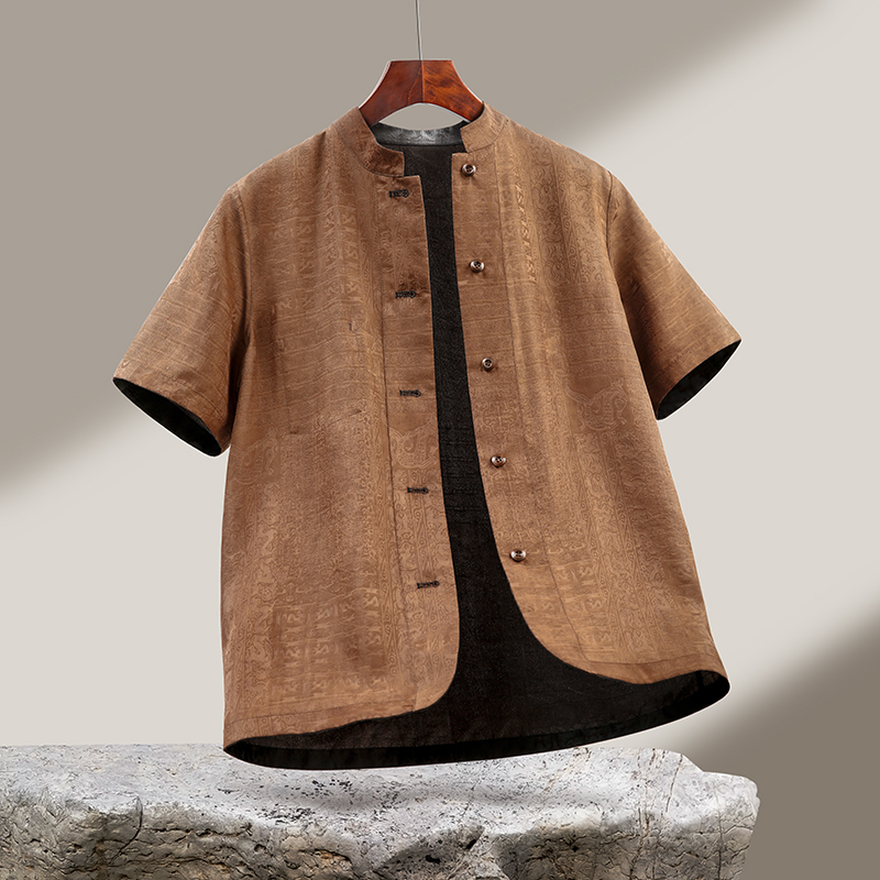 Silk Mulberry Silk Reversible Men's Stand Collar Short-Sleeve Shirt, Silk Mulberry Silk Summer Zhongshan Suit Tang Suit