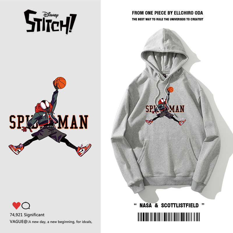 Spider-Man Collaboration Loose-Fitting Versatile Hooded Sweatshirt for Men, Spring and Autumn Fleece-Lined Training Wear, American Basketball Clothing ins Trendy