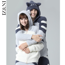 IIZZINI couple pajamas female winter long sleeve soft warm hooded chincho cartoon home suit
