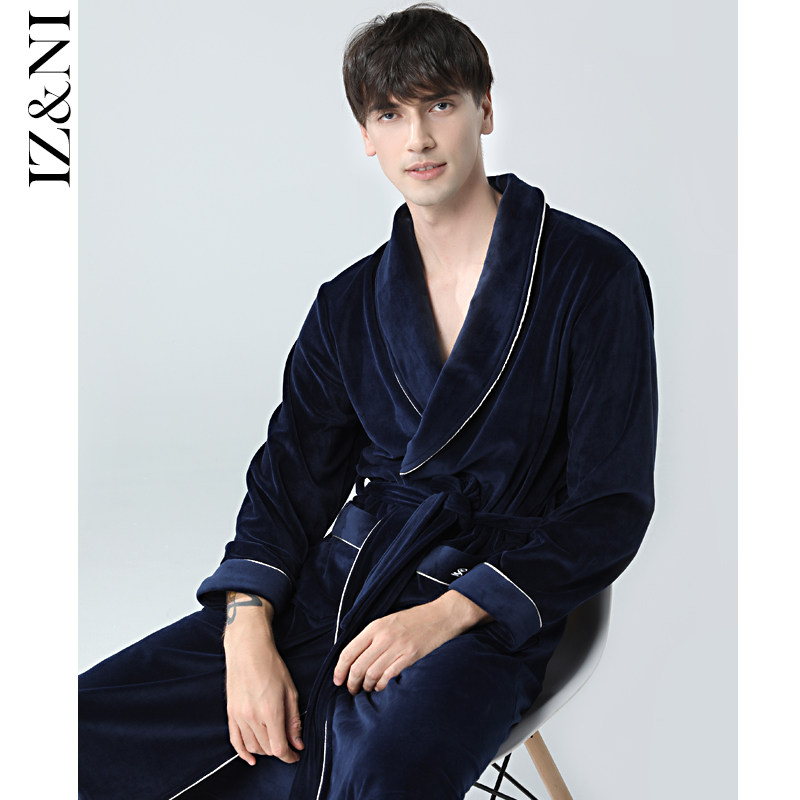 IIZZINI NIGHTGOWN men's winter coral velvet thickened flannel warm medium-long bathrobe pajamas home clothes
