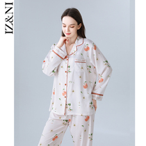 IIZZINI 2022 home conserved ladies spring and autumn long sleeves ice silk apple printed white long pants loose sleepwear suit