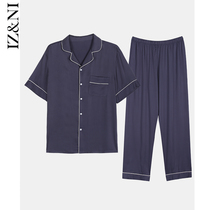 IIZZINI special price clear cabin ~ sleepwear male summer short sleeve thin style goon satin wool minimalist length pants home Suit Suit