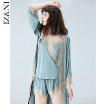 IIZZINI 2021 pajamas female summer ice silk sling sling sling three-piece lace hot drill simple luxury home suit