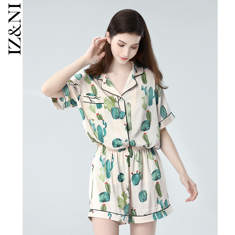 IIZZINI Pyjamas Woman 2022 New Short Sleeve Summer Ice Silk Cactus Printed Shorts Home Suit Suit