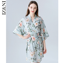 IIZZINI 2022 sleeping robe female spring and summer thin section of ice silk national wind peony floral printed lace lavish morning gown bathrobe