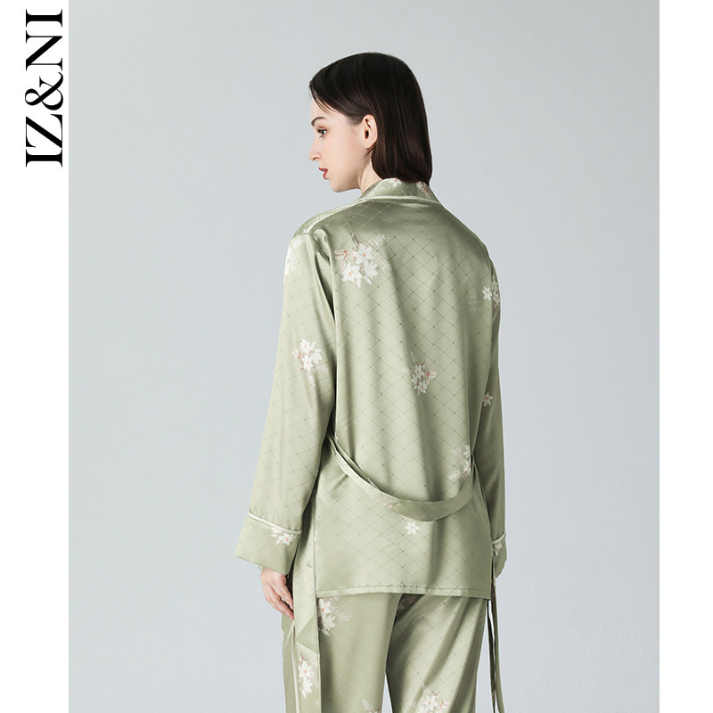 IIZZINI2022 Sleepwear Woman Spring Summer Long Sleeve Ice Silk National Wind Jade Curtain Flower Extravagant Harnesses 3 pieces Home Suits Suit