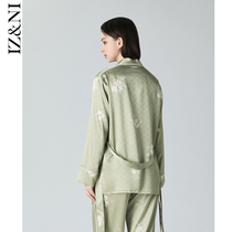 IIZZINI2022 Sleepwear Woman Spring Summer Long Sleeve Ice Silk National Wind Jade Curtain Flower Extravagant Harnesses 3 pieces Home Suits Suit