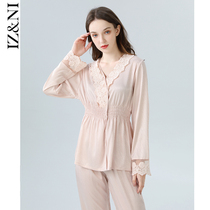 IIZZINI 2022 home dress female spring autumn long sleeve ice silk brief splicing lace pure color long pants pyjamas suit