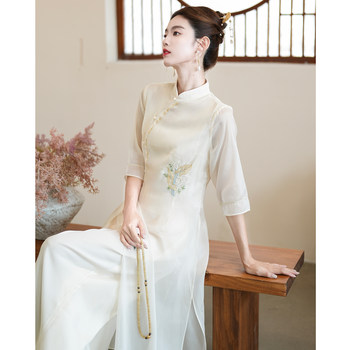 2025 New Chinese Style Women's Embroidered Stand Collar Three-Quarter Sleeve Improved Zen Tea Suit Set