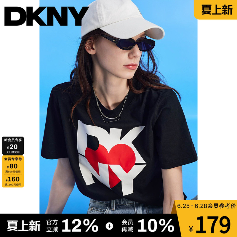 [100% Cotton] Dkny Tang Ke Naer Summer Short-Sleeved T-Shirt for Women with Letter Print Round Neck Top, Loose and Fashionable