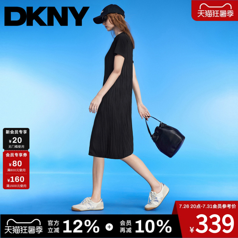 Dkny Tang Kenaier Summer Short-Sleeved Dress for Women, Round Neck, Casual, Versatile, Pleated Splicing, Loose, Trendy and Fashionable