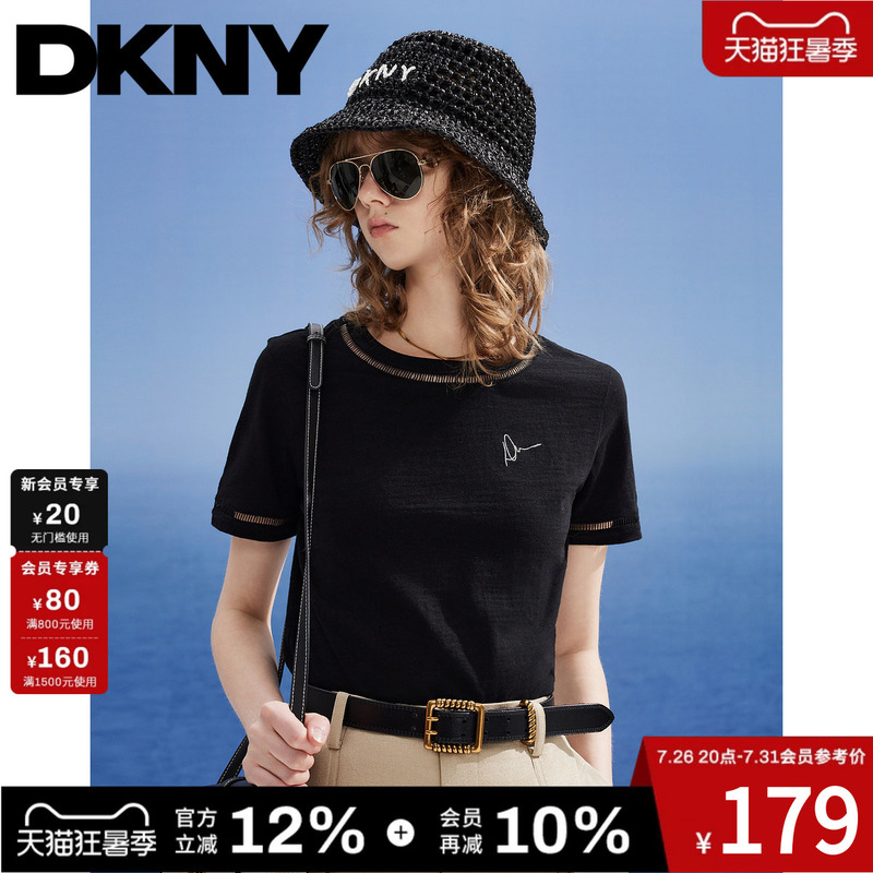 [100% Cotton] Dkny Tang Kenaer 26 New Summer Short-Sleeved T-Shirt for Women, Black Shoulder-Printed Top, Trendy