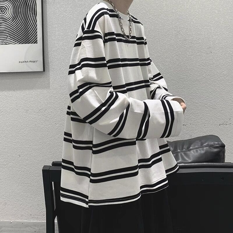 Black and White Striped Long-Sleeve T-Shirt for Men, Trendy Versatile Clothing, American High Street Style Base Shirt, Spring and Autumn Fashion Brand Heavyweight Sweatshirt Black and White Striped Long-Sleeve T-Shirt for Men, Trendy Versatile Clothing, American High Street Style Base Shirt, Spring and Autumn Fashion Brand Heavyweight Sweatshirt