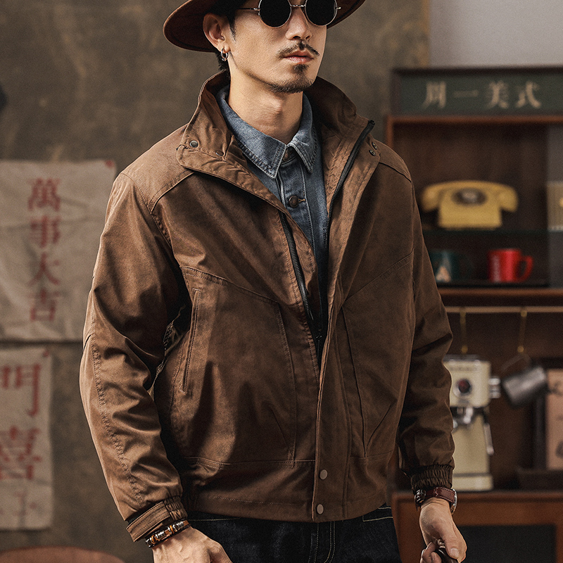 Walnut Brown Barn-Style Lamb Wool Tie-Dye Retro Workwear Jacket for Men, Autumn and Winter Loose-Fitting Fleece-Lined Thickened Coat for Men