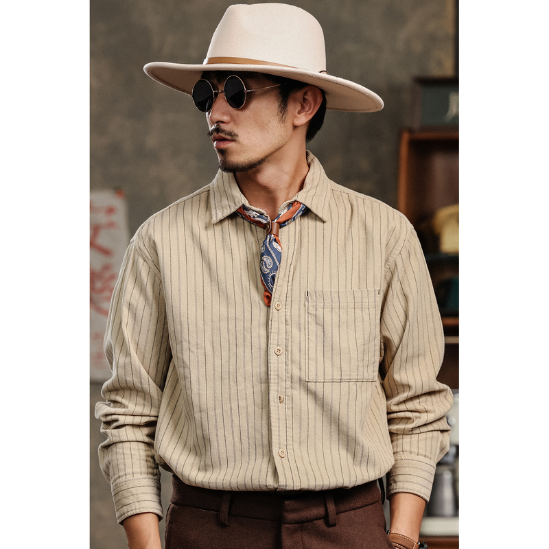 American Retro Textured Stripesd Shirt for Men, Corduroy Autumn and Winter Vintage Casual Workwear Loose Long-Sleeved Shirt