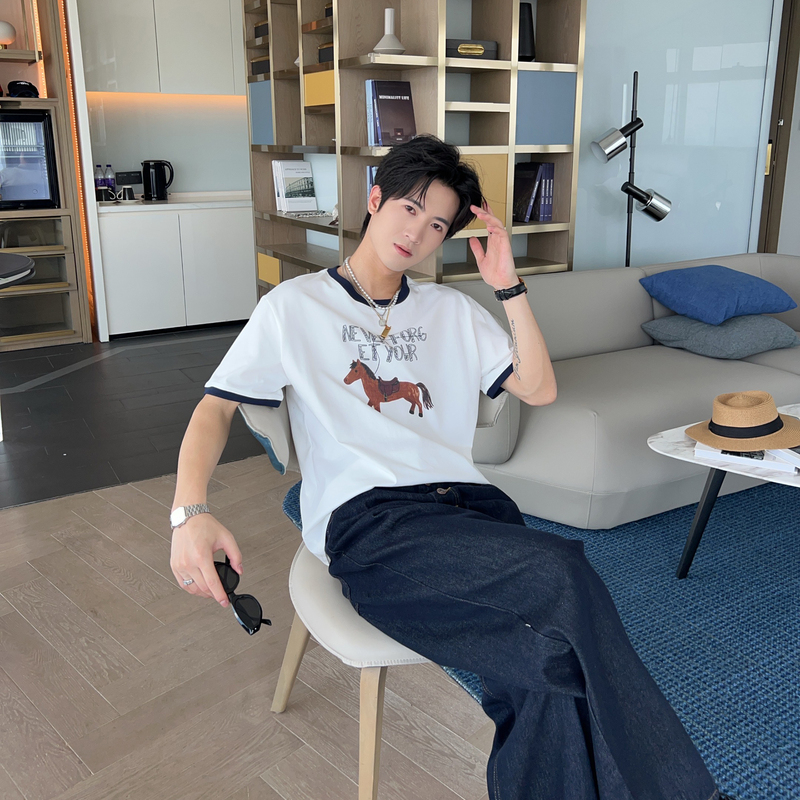 Year of the Horse Limited Edition Summer Korean Retro Western-Style Small Saddle Print Short-Sleeve T-Shirt for Men, Round Neck Casual Versatile Tee