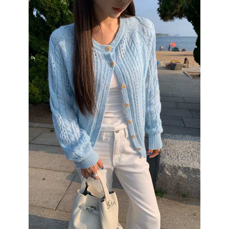 3Mer Oh Oh Sanmei Blue Knitted Cardigan for Women Korean Style Gentle Hollow Design Round Neck Long Sleeve Sweater Coat 3Mer Oh Oh Sanmei Blue Knitted Cardigan for Women Korean Style Gentle Hollow Design Round Neck Long Sleeve Sweater Coat