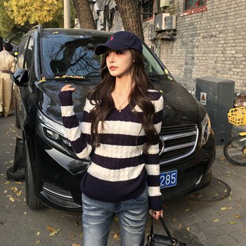 3merv collar slimming striped sweater long-sleeved top