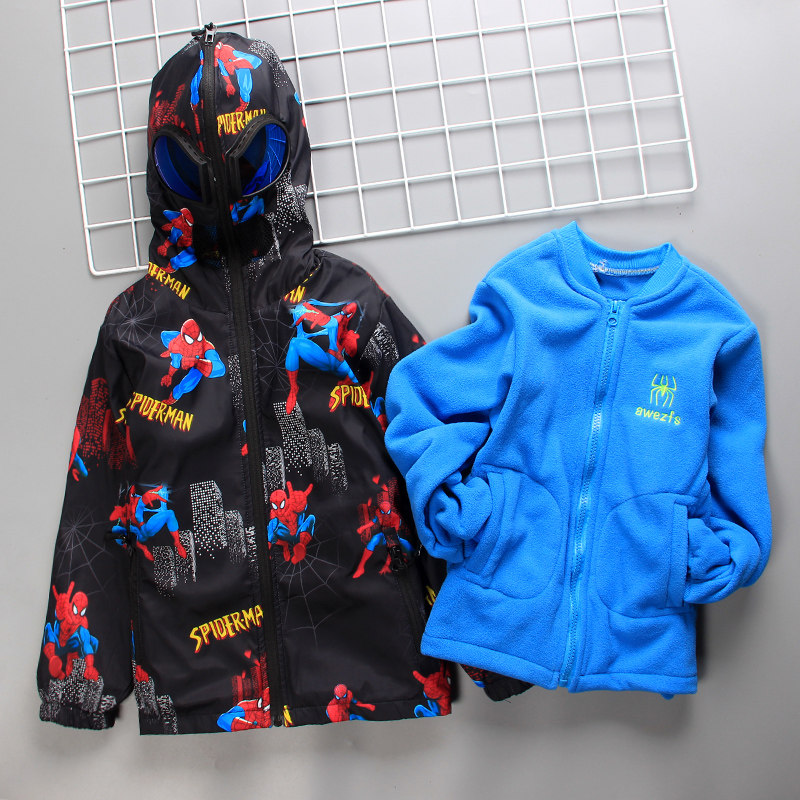 Winter Boys Fleece Jacket with Glasses Three-in-One Detachable Spider-Man Jacket Windproof Warm Top