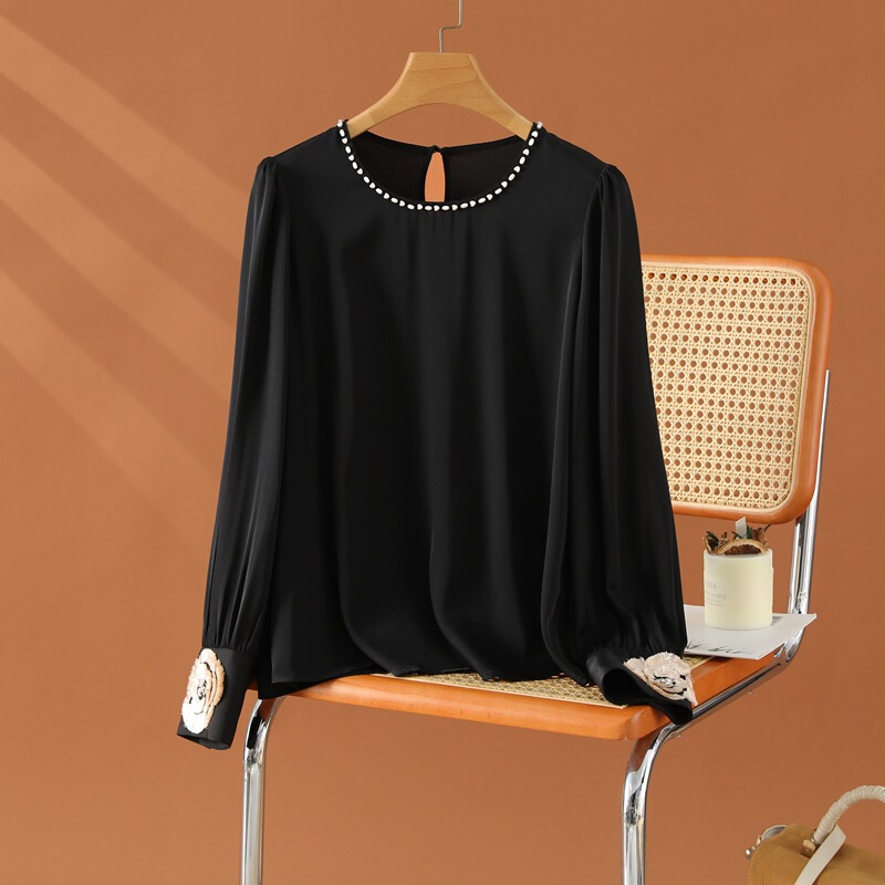 Heavy Satin Luxurious Silk Shirt for Women with Lace Hollow-Out Design, Versatile Solid Color Mulberry Silk Top Z5172