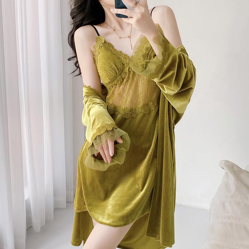 Velvet Lace Hollow-Out Camisole Nightgown for Women, Autumn and Winter Sexy Pure Desire Style with Chest Pads, Sleepwear Home Wear Set