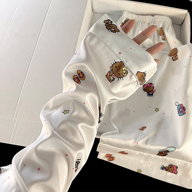 Cute Cartoon Print Ice Silk Pajamas for Women, Spring and Autumn 2026 New Style, Long-Sleeved, Sweet and Stylish, Can Be Worn Outside, Casual Loungewear Cute Cartoon Print Ice Silk Pajamas for Women, Spring and Autumn 2026 New Style, Long-Sleeved, Sweet and Stylish, Can Be Worn Outside, Casual Loungewear