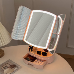 Make -up mirror with lamp LED desktop storage box two -in -one folding shell can light up the light mirror fairy