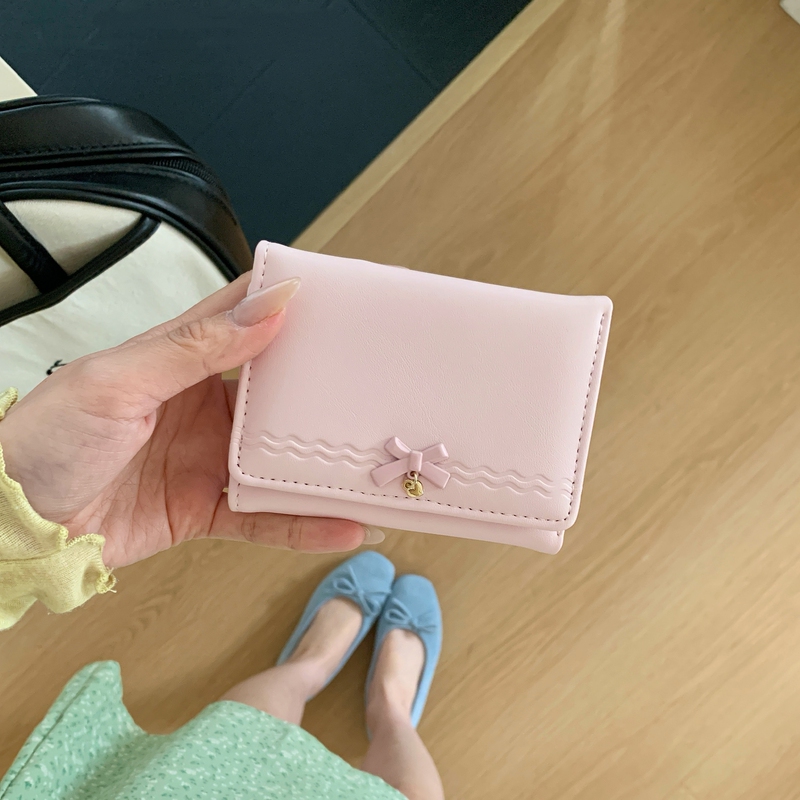 Korean-Style Simple Heart-Shaped Bow Short Wallet, Portable Multi-Card Slot Card Holder, Sweet and High-End Student Id Holder