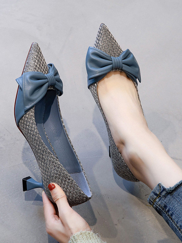 여성용 밀란 스튜디오 우븐 슈즈 한국 버전 다재다능한 보우 포인티드 토 컬러 블로킹 얕은 로우힐 여성용 하이힐