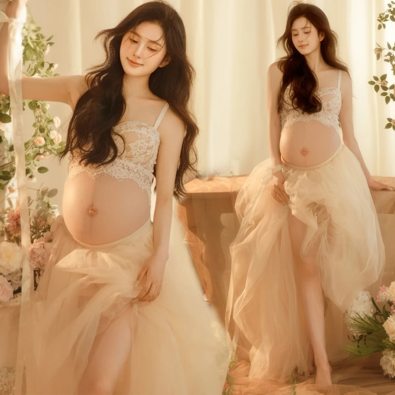 New Style Studio Maternity Wear, Light French Style, Revealing Belly, Beautiful Oil Painting, Big Belly Mommy Art Photo Shoot Clothing