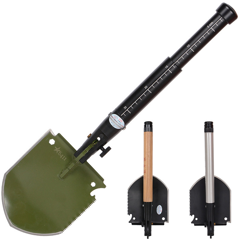 6411Q5 Multifunction Outdoor Engineering Pile High Airborne Folding Shrink Deformation Emergency Wood Handle Metal Small Shovel
