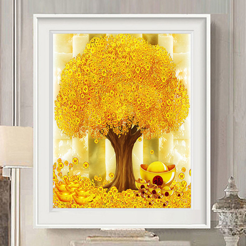 2021 new 5D diamond painted chaesel money tree full diamond embroidered dot drilling cross embroidered living room bedroom brick and stone painting