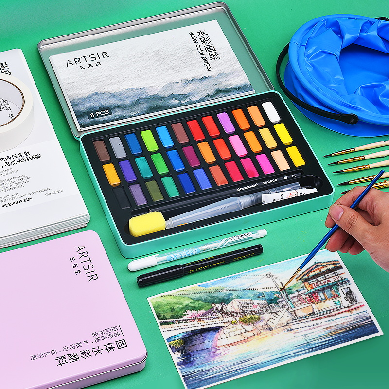 Green bamboo solid watercolor paint set 36 color watercolor paint beginner painting tools sub-package hand-painted art professional art test special portable 18 color student children gouache watercolor paint box