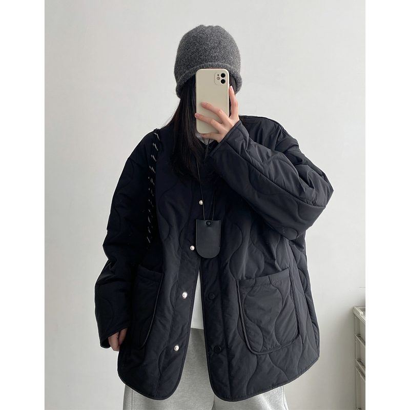 Sunyou Retro Gourd Pattern Quilted Cotton Jacket for Women, Autumn and Winter, Loose Fit, Lightweight, Casual, Collarless Cotton Coat