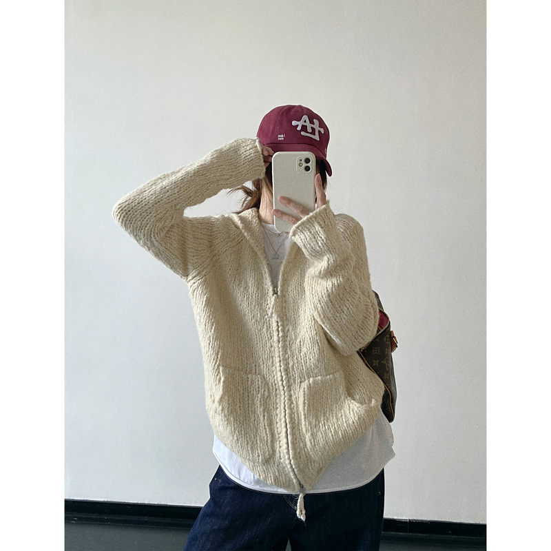 Sunyou Wool Big Belly Special Yarn Thick Knit Loose Short Hooded Zip-Up Sweater Coat