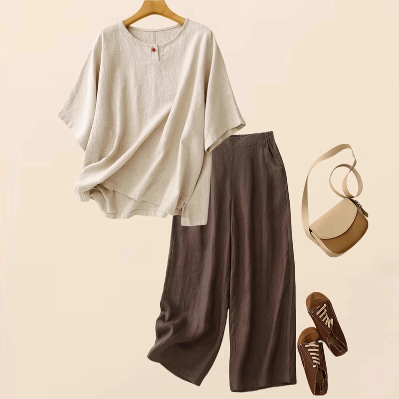 European Style Retro Cotton and Linen Casual Sports Suit for Women 2026 New Summer Fashion Linen T-Shirt Two-Piece Set European Style Retro Cotton and Linen Casual Sports Suit for Women 2026 New Summer Fashion Linen T-Shirt Two-Piece Set