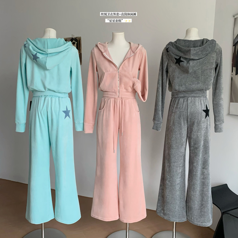 Laareeto Star Velvet Sweatshirt Jacket for Women, Autumn 2026 New Straight-Leg Casual Pants Two-Piece Set