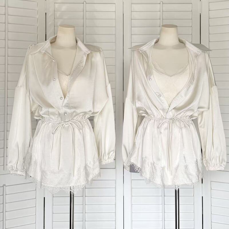 Kubilv Intellectual Oni Old Money Style Waist-Cinching Satin Shirt with Lace Inner Layer Two-Piece Set, Elegant Shirt with Suspenders for Early Autumn Kubilv Intellectual Oni Old Money Style Waist-Cinching Satin Shirt with Lace Inner Layer Two-Piece Set, Elegant Shirt with Suspenders for Early Autumn