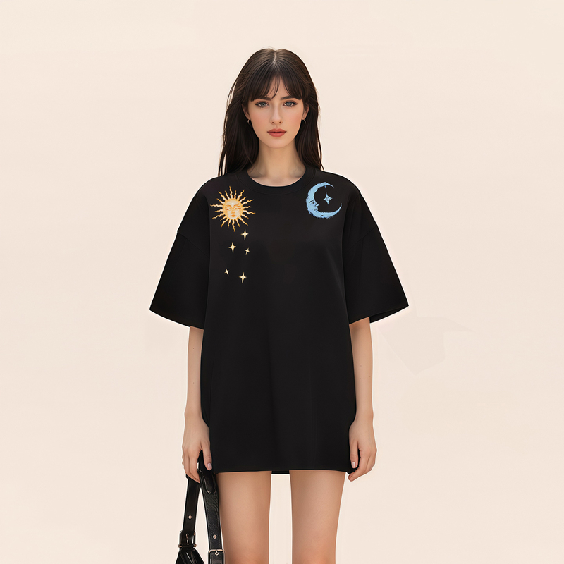 Fdr Wsp American Trendy Brand Sun and Moon Print Short-Sleeved T-Shirt for Women, Summer Couple Style, Loose Casual Half-Sleeve