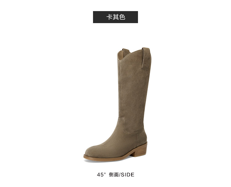 Западные Boots kisscat接吻猫秋季新款堆堆靴时尚粗跟长靴牛绒皮革v口时装靴女