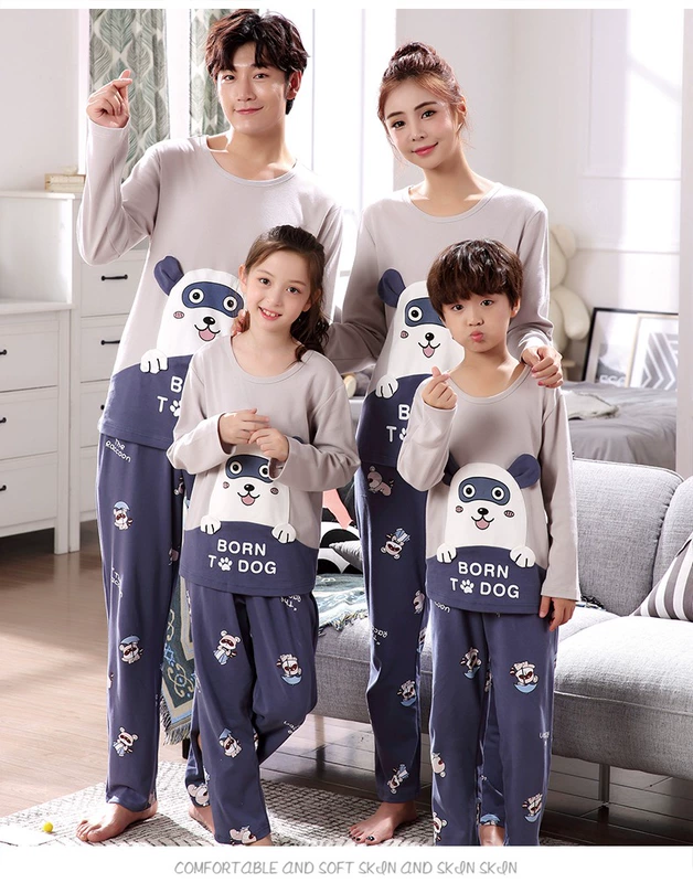 Bộ đồ ngủ của cha mẹ và trẻ em Seco mùa xuân và mùa thu dài tay cotton ba bốn bốn phù hợp trong phim hoạt hình lớn mẹ và con gái